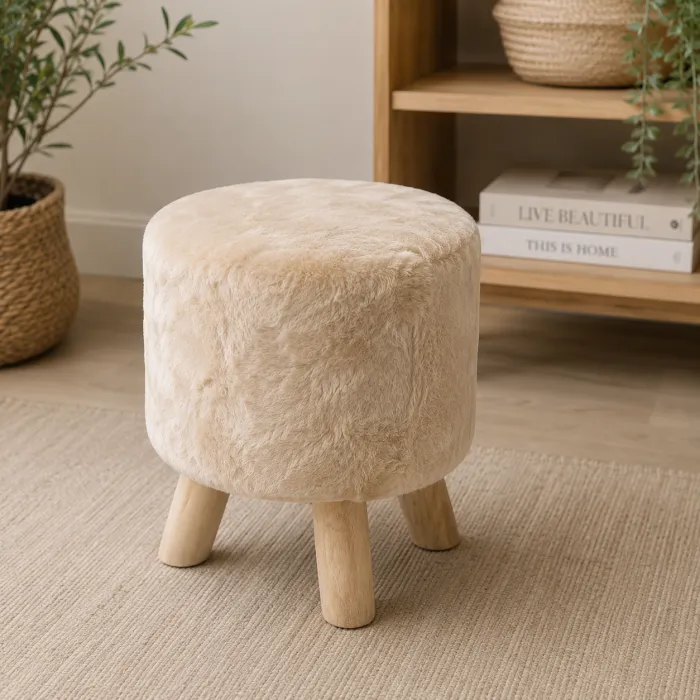 Banco puff redondo c/ patas de madera