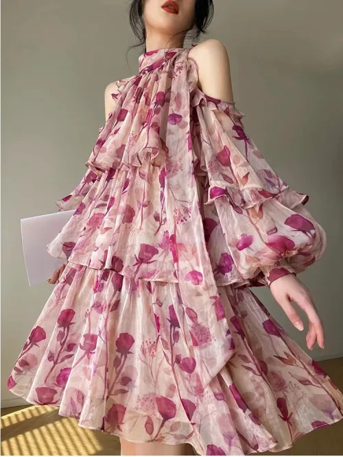 Boho Romantic Floral Ruffle Dress 