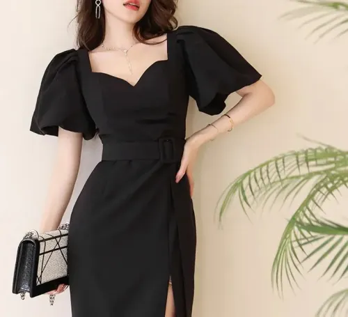 Elegant Puff Sleeve Black Belted Dress 