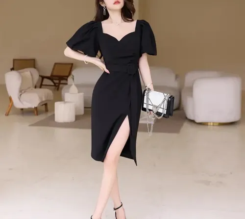 Elegant Puff Sleeve Black Belted Dress  2