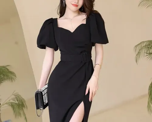 Elegant Puff Sleeve Black Belted Dress  3