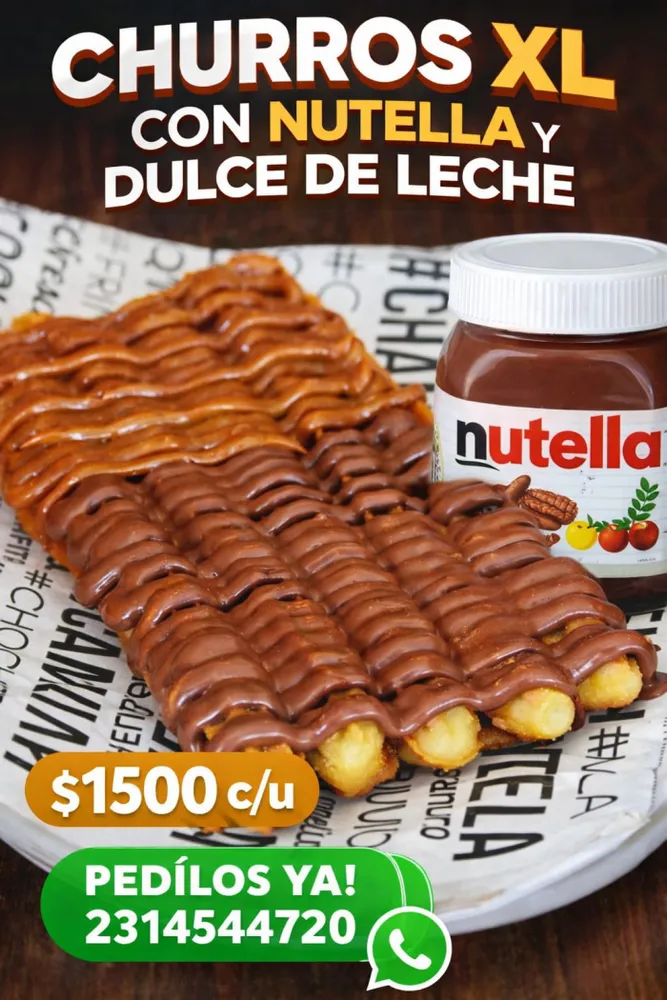 Churro XL con Nutella y Dulce De Leche, por unidad