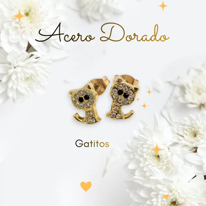 Aros Gatitos en Acero Dorado
