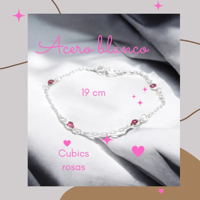 Pulsera de Acero Blanco con Cubics Rosas