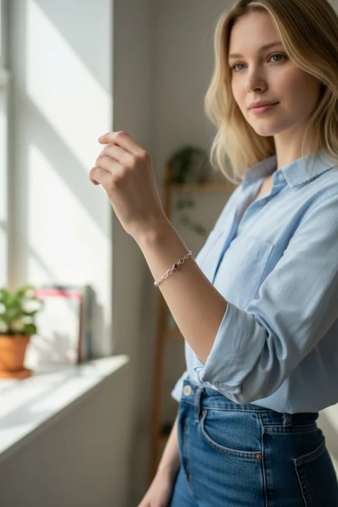 Pulsera de Acero Blanco con Cubics Rosas 2