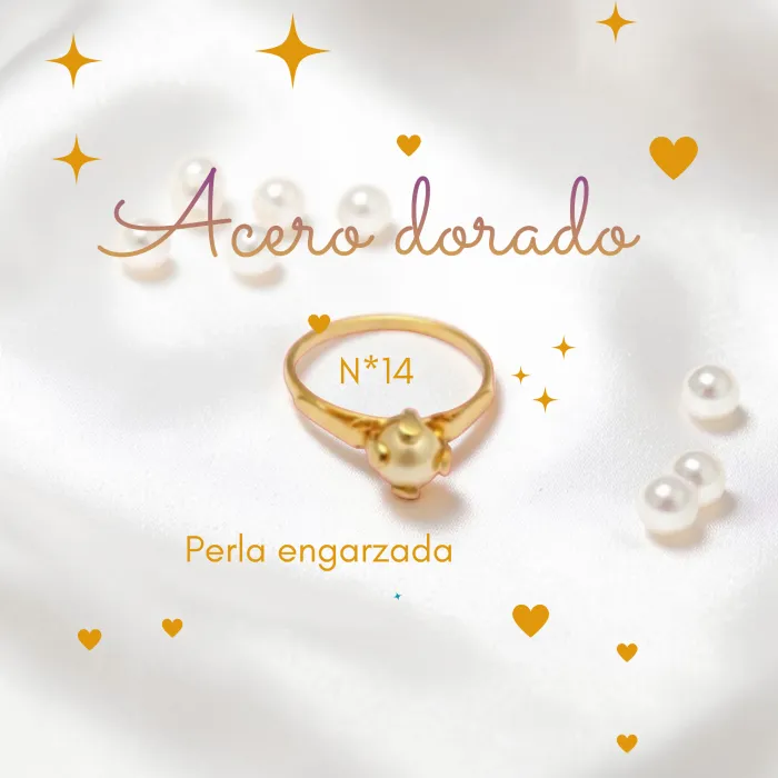 Anillo de Acero Dorado con Perla N*14