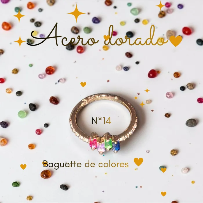 Anillo Baguette Multicolor Acero Dorado N*14