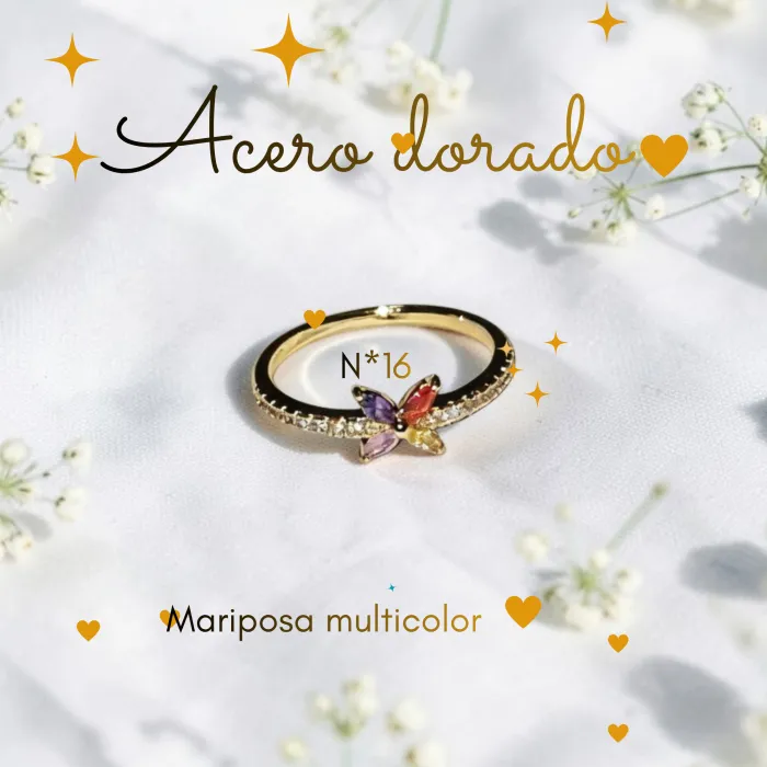 Anillo Mariposa Multicolor en Acero Dorado N*16