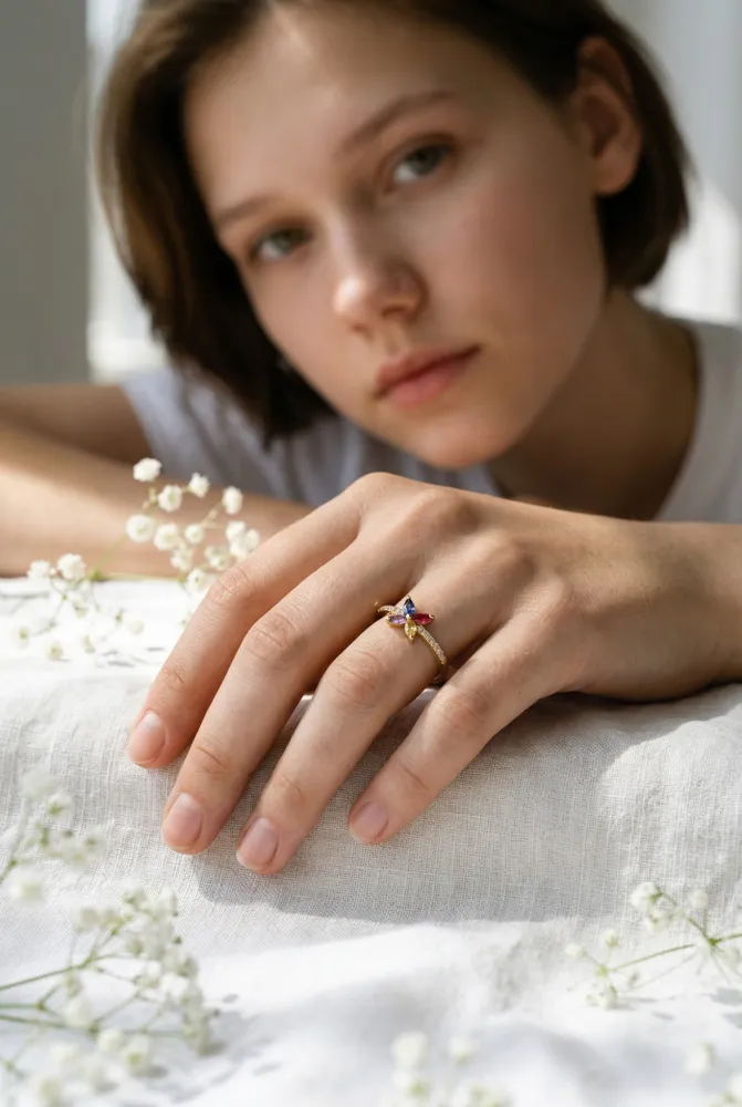 Anillo Mariposa Multicolor en Acero Dorado N*16 2