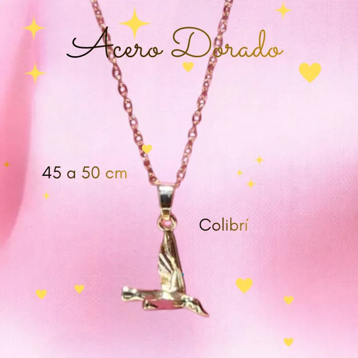Collar de acero dorado con colibrí 45 a 50 cm