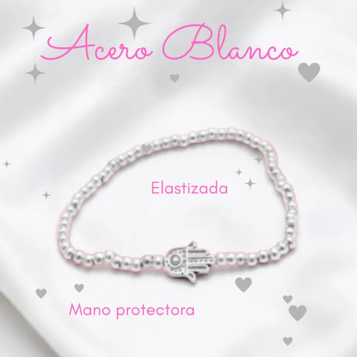 Pulsera de Acero Blanco con Mano Protectora elastizada