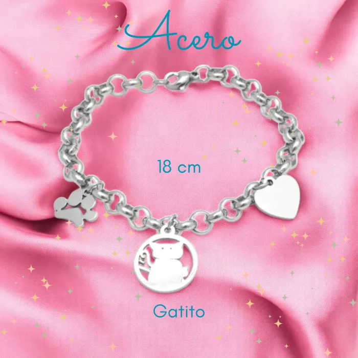Pulsera de Acero con Charm de Gatito