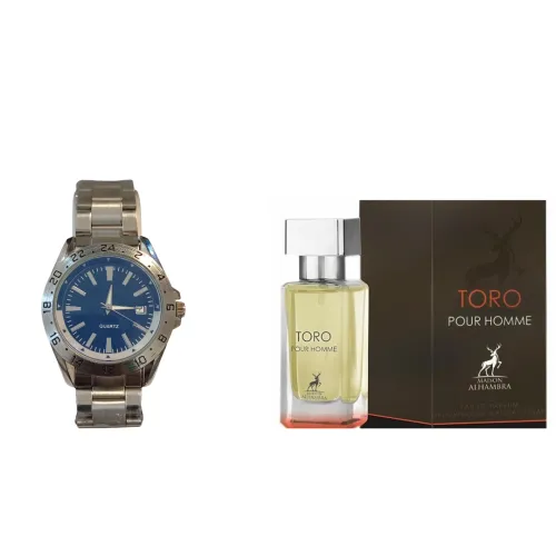 RELOJ PLATEADO FONDO AZUL + TORO POUR HOMME