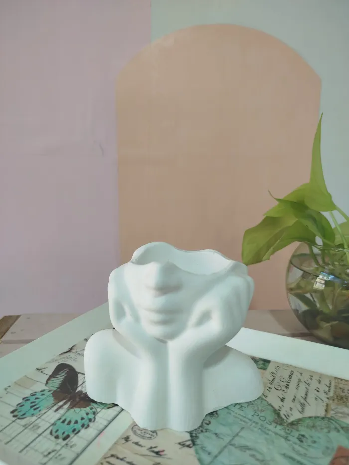 Maceta mujer con mano en la car