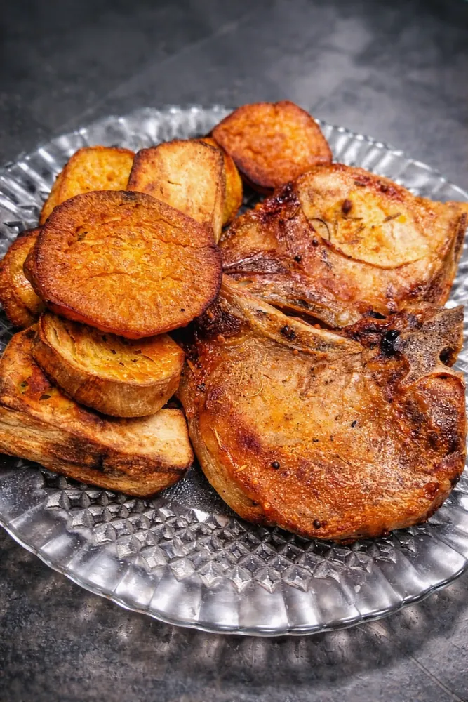 Chuletas de cerdo con batatas al horno