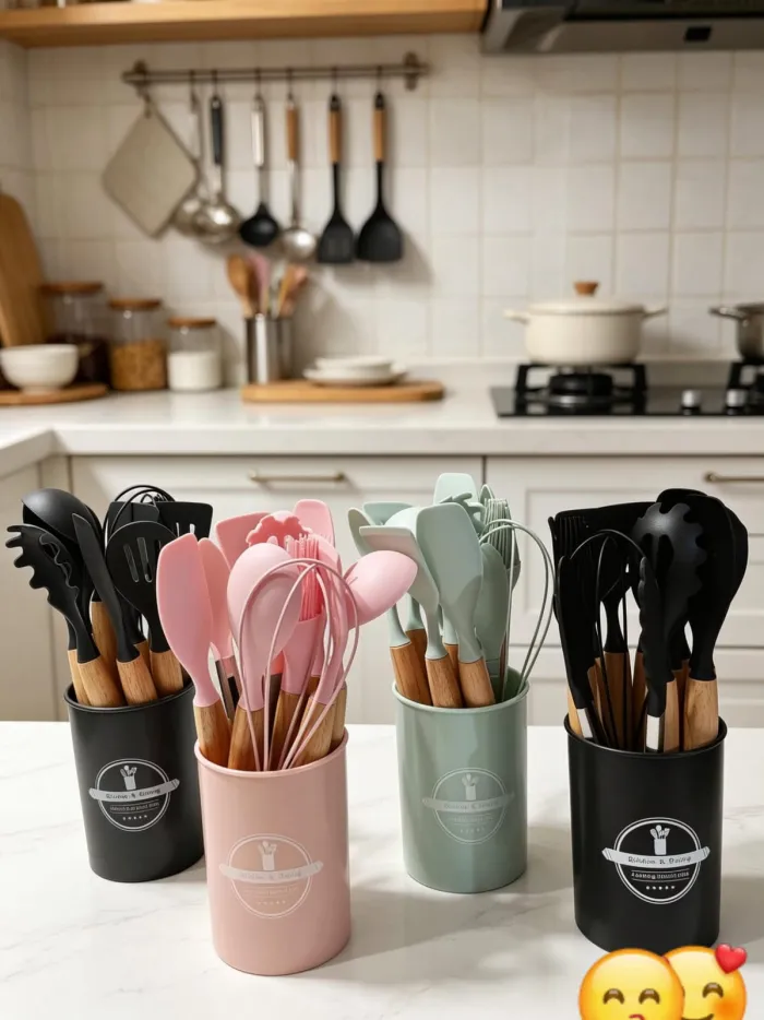 Set de utensilios de silicona con mango de madera