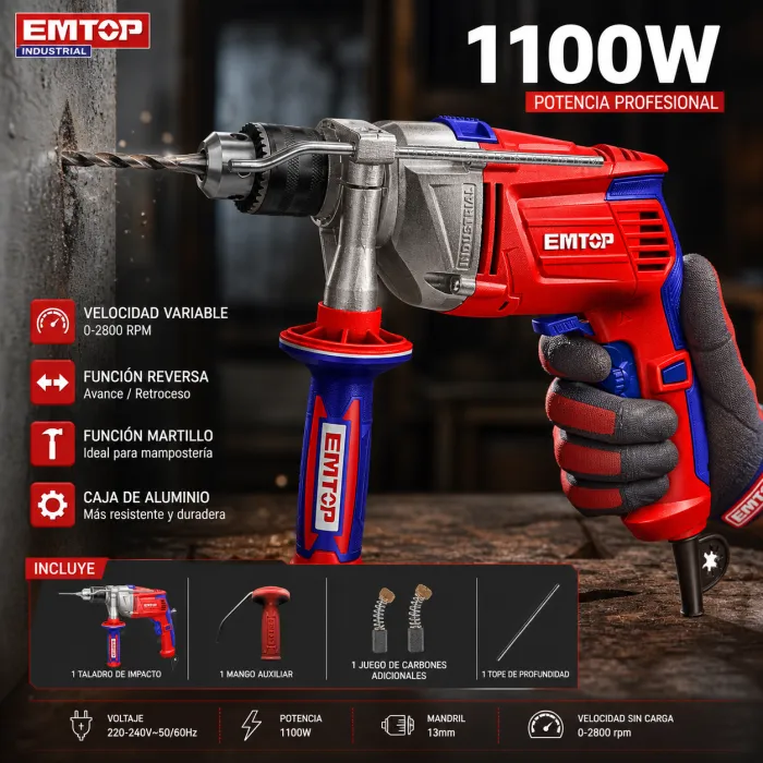 Taladro Impacto 13mm 1100W Vel Variable Reversa