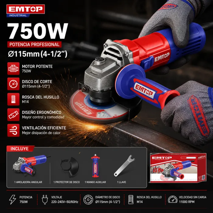 Amoladora Angular 115Mm 750W 12000Rpm Emtop