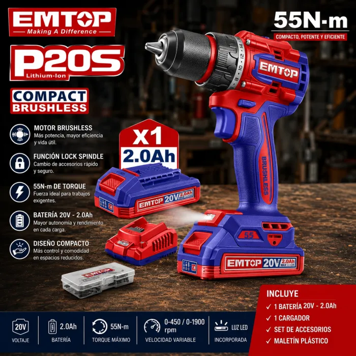 Taladro Brushless 20V 55Nm EMTOP Kit 47 Pzs