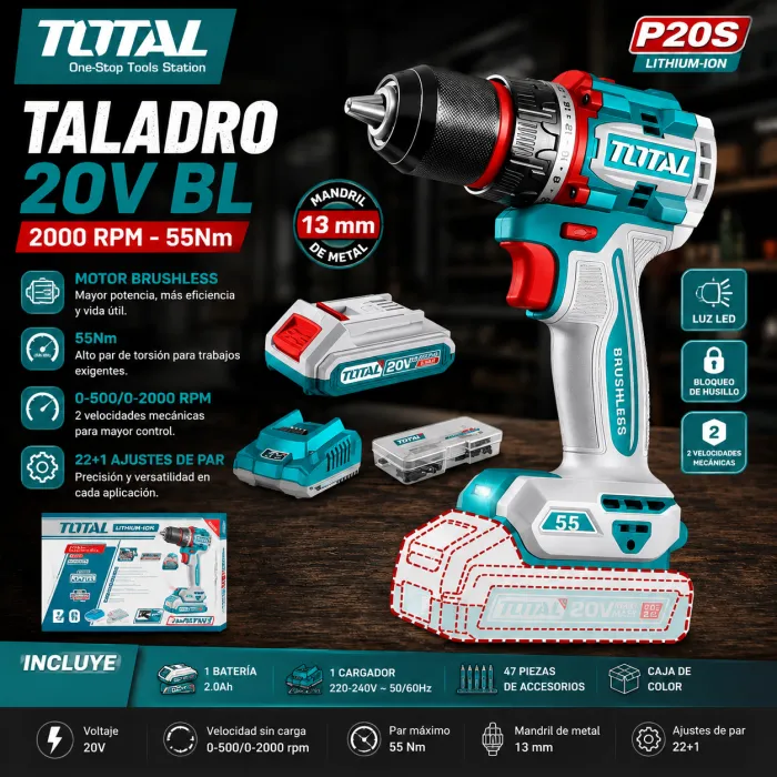 Taladro Brushless 20V 55Nm TOTAL Kit 47pz