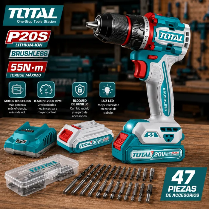 Taladro Brushless 20V 55Nm TOTAL Kit 47pz 2