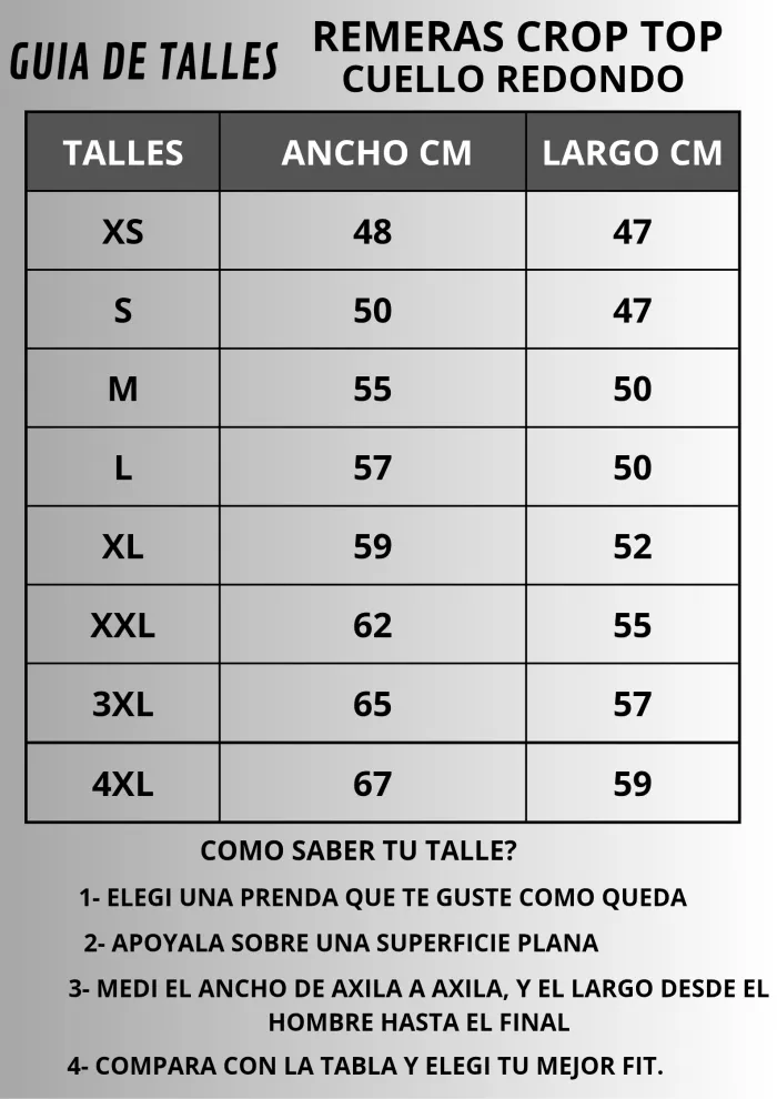 Tabla de Talles Remeras Crop Top y Oversize