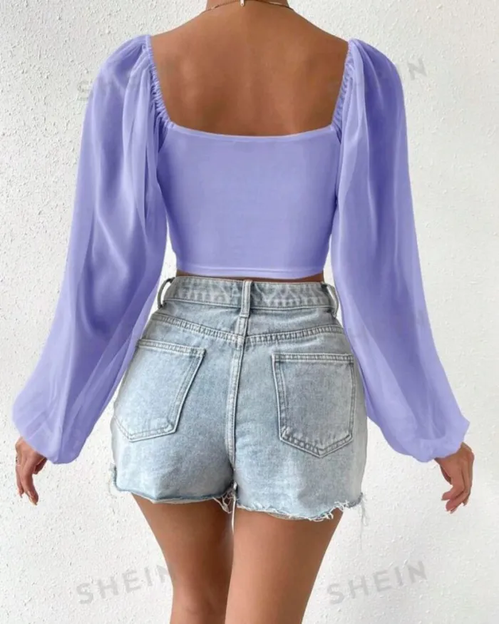 SHEIN Privé Blusa corta con mangas abullonadas 2