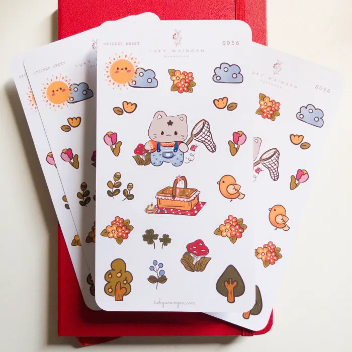 Hoja De Stickers Gatito Picnic Flores Y Arboles Kawaii S056