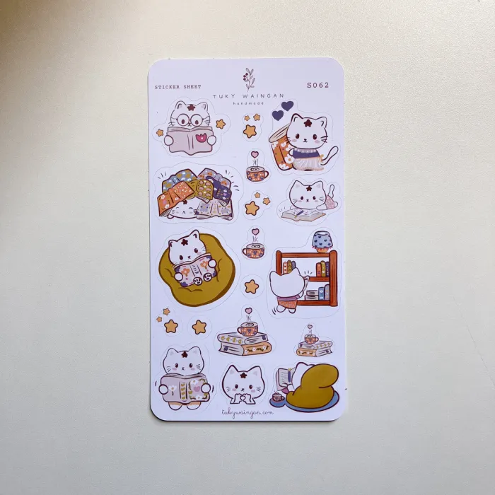 Hoja 18 Stickers Gatitos Lectores Kawaii Libros Lectura S062 2