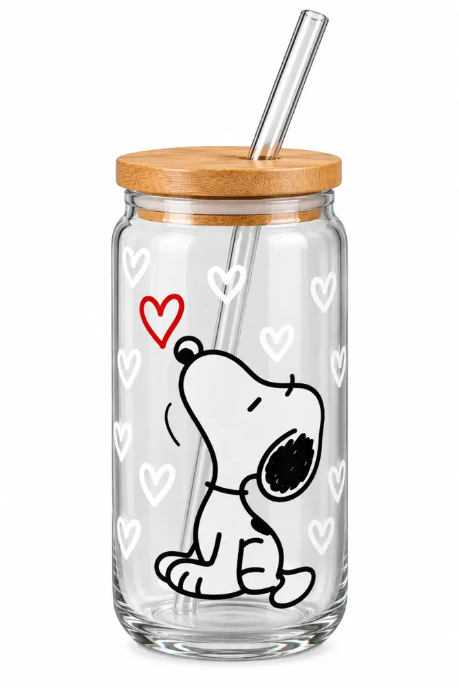 Vaso de Vidrio Snoopy con Corazones - 470ml