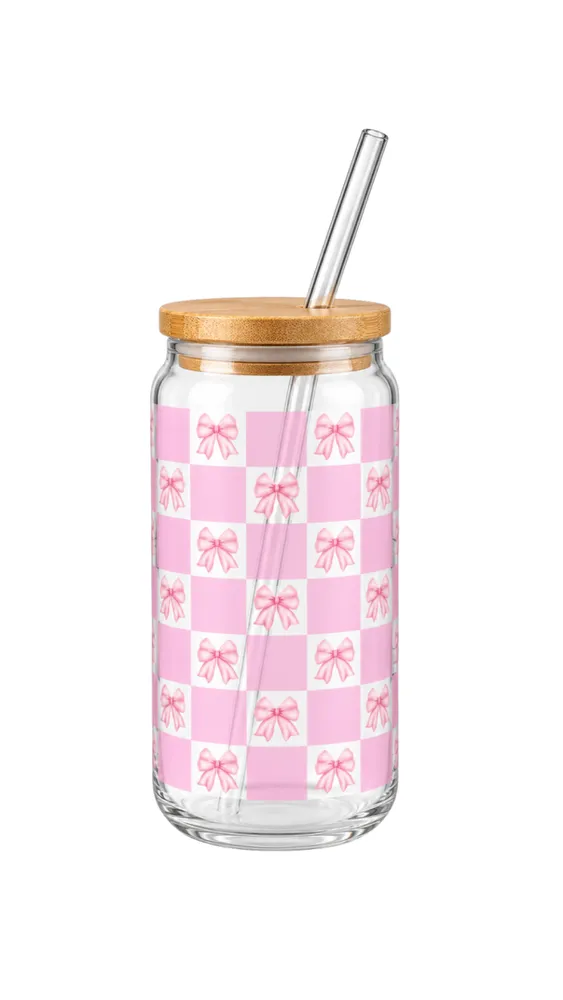 Vaso de Vidrio Cuadritos Rosados con Moños - 470ml