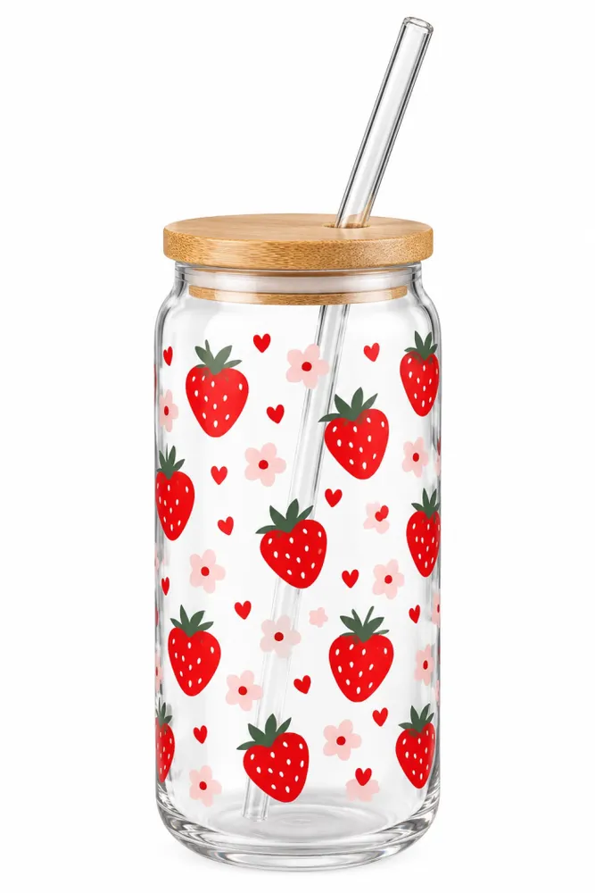 Vaso de Vidrio con Frutillas 🍓🌸 - 470ml