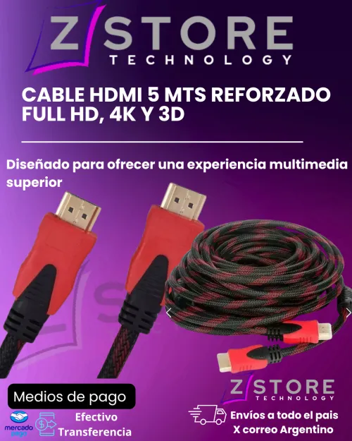 Cable HDMI 5 mts Reforzado – Full HD, 4K y 3D