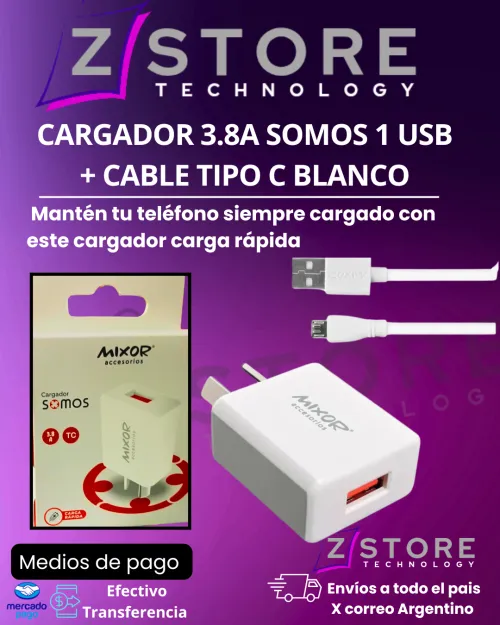 CARGADOR 3.8A SOMOS 1 USB + CABLE TIPO C BLANCO
